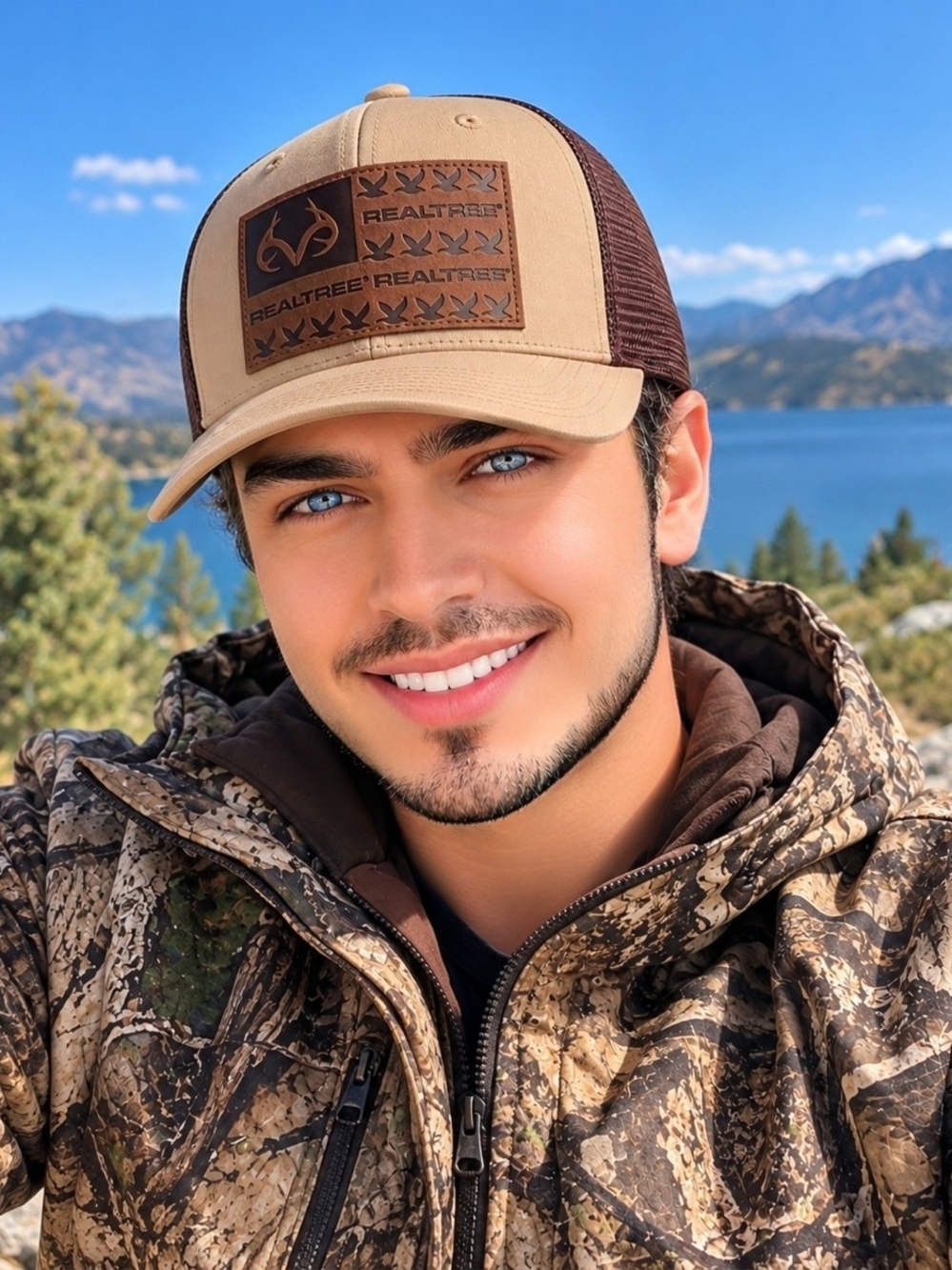 Realtree Camo Trucker Hat, Khaki/Brown Adjustable Cap. OSFM